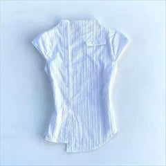 Lunivop  Korea Fashion Simple Office Lady Shirt Stripe Stand Collar Slim Irregular Crop Top Minority Personalized Streetwear Tops
