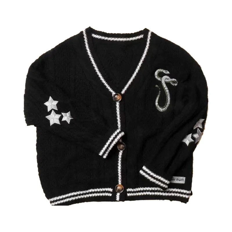 Lunivop Folklore Cardigan with Star Embroidery Button Up Oversized Knit Jacket Cardigan Sweater Women Teenage Girls TS Concert Outfit