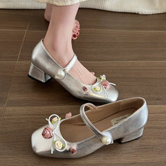 Lunivop Medium Heeled Mary Jane Single Shoes New Women Shoes Fashion Elegant Flower Bow Pumps Square Toe Thick Heeled Ballet Shoes