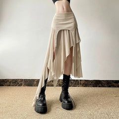 Lunivop Vintage Sexy Slit Skirt Women Y2k Elegant Irregular Sweet Ruffle Skirts Korean Style Tulle Streetwear Layered Skirts