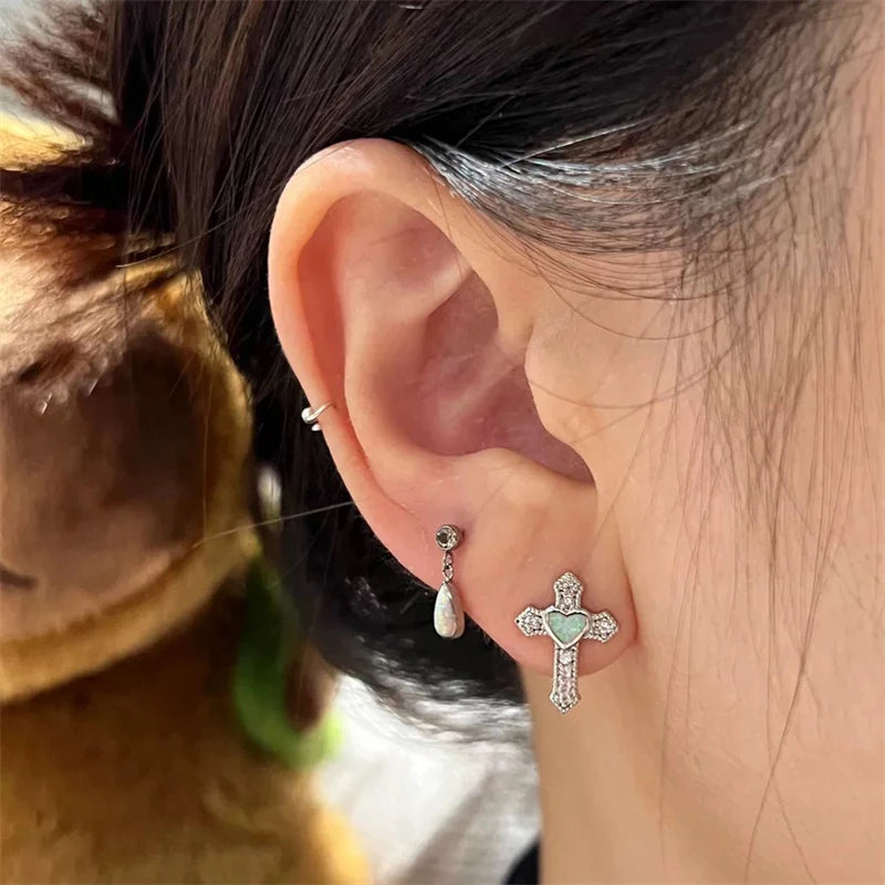 Lunivop Love Heart Cross Medical Grade 316L Stainless Steel Ear Bone Nail Shiny Y2K Silver Color Rhinestone Earring Cochlear accessories