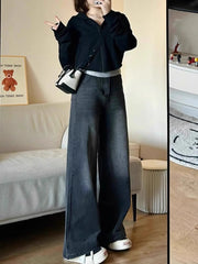 Lunivop  Retro High Waist Wide Leg Jeans Women's Spring New plus Size Bla ey Waed Loose Straight Cut Trousers Slimming Effect