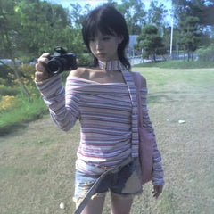 Lunivop Japanese Style Y2k Sexy T-shirt Off Shoulder Vintage Rainbow Striped Tops Harajuku 2000s Long Sleeve T-Shirt Aesthetics