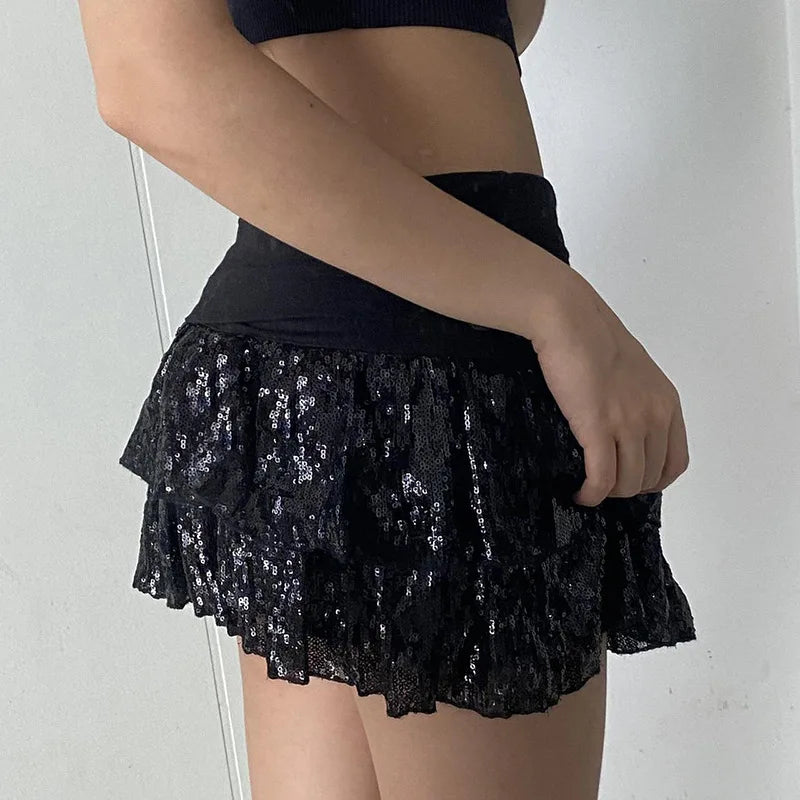 Lunivop Sequins Tiered Mini Skirt Gothic Mid Waist A-line Layered Short Skirts Dark Academia Pleated Skirts Festival Bottoms