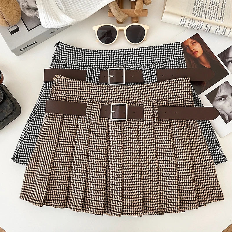 Lunivop Women Houndstooth Pleated Mini Skirt with Belt Woolen Plaid Skirt Teen-girl Fall Winter Y2K Outfit