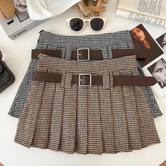 Lunivop Women Houndstooth Pleated Mini Skirt with Belt Woolen Plaid Skirt Teen-girl Fall Winter Y2K Outfit