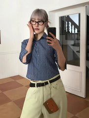 Lunivop Y2k Plaid Shirt Women Three Quarter Casual Shirt Japanese 2000s Grunge Tops Streetwear Summer Shirt Korean Style