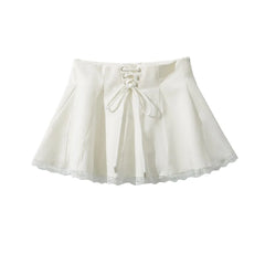 Lunivop  Holiday Front Cross Lacing up Bandage Bow Zipper Waist Mini Skirt Women White Spliced Lace Hem Ruched Swing A-lined Skirts Black