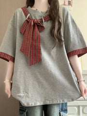 Lunivop  Pure Cotton Cute Bow T Shirts Women Vintage Preppy Style Plaid Patchwork Tees Casual Loose Letter Japan Kawaii Lace Up Tops