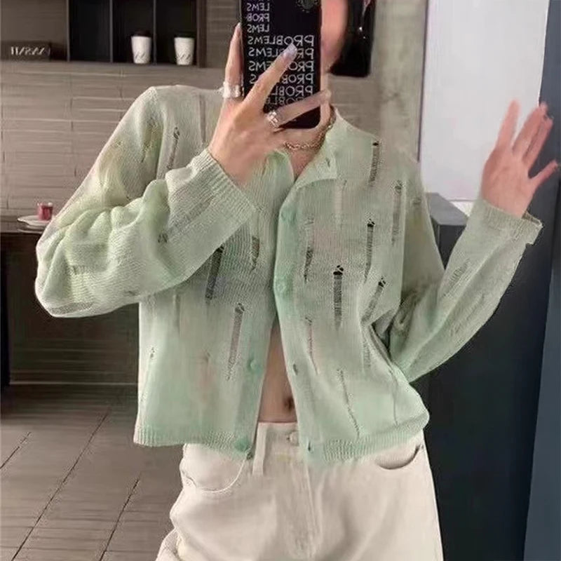 Lunivop Distressed Button Front Knit Top Sweater Cardigan Women Long Sleeve Ripped Blouse Summer Cover Up Teen-girl Grunge Y2K Outfit