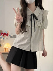Lunivop  Preppy Style Peter Pan Collar Ruffles Puff Sleeve Shirts  Women+ High Waist Ruched Skirts Summer New Two Piece Sets