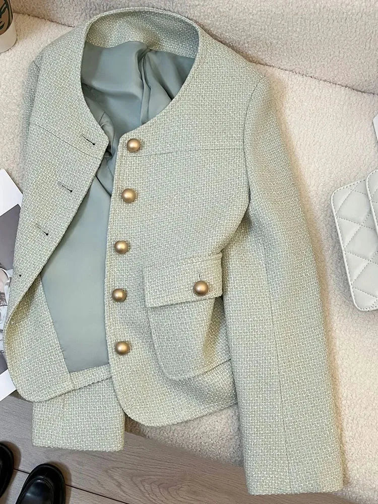 Lunivop Korean Sweet Green Jacket Women Casual O Neck Long Sleeve Tweed Coat Fashion Single Breasted Female Chic Blazer Jackets