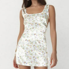 Lunivop  Sexy Satin Flower Print Spliced Lace Square Collar Mini Tank Dress Women Slim Waist A-Lined Sleeveless Short Robe Holiday