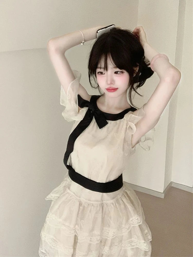 Lunivop Off Shoulder Bow Sweet Dress Women Vintage O Neck Casual Elegant Mini Dress Lace Patchwork Retro Slim Lady Summer Vestidos
