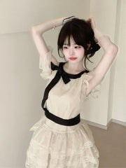 Lunivop Off Shoulder Bow Sweet Dress Women Vintage O Neck Casual Elegant Mini Dress Lace Patchwork Retro Slim Lady Summer Vestidos