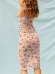 Lunivop  Sexy Small Flower Print Deep V neck Mesh Sling Dress Woman Ruched Package Hips Spaghetti Strap Mini Party Dresses Bodycon