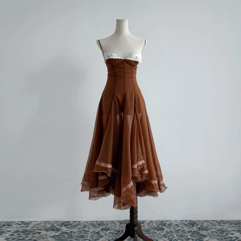 Lunivop  Spaghetti Strap Chiffon Lace Trim High Low Midi Dress Sweetheart Neck Summer Fashion Elegant Women Evening Party Gown