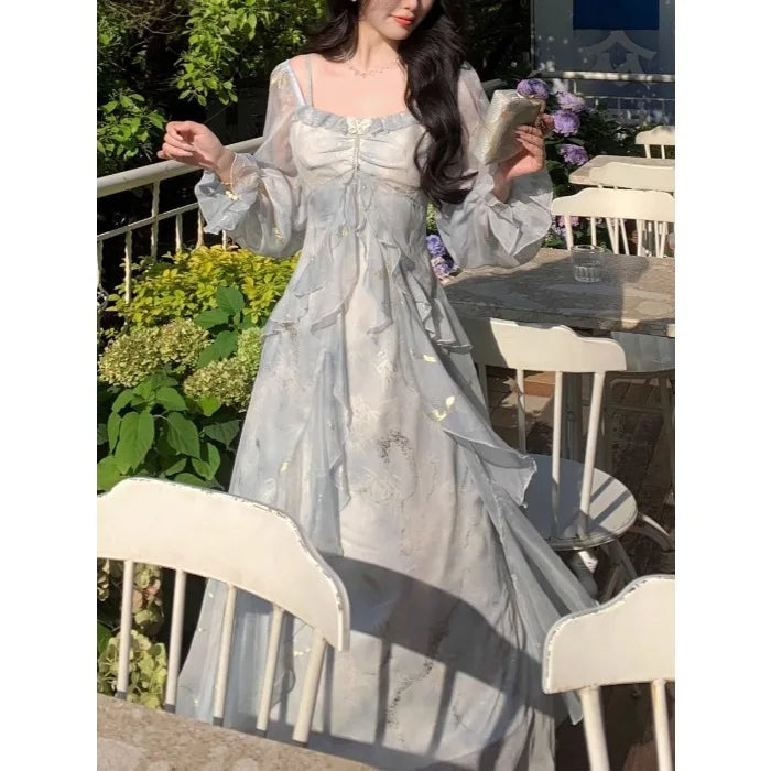 Lunivop  Light Gray Square Neck Long Sleeve Women's Dress Shimmer Embellished Tiered Ruffle Maxi DressSheer Chiffon Fairy Casual Gown