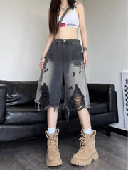 Lunivop  Washed Gradient Hole Denim Shorts American Street High Waist Black Jeans Women Y2k E-Girl Loose Knee-Length Wide Leg