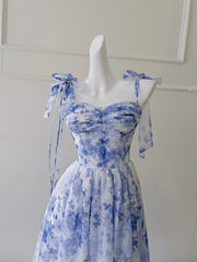 Lunivop  Blue Flower Pattern Charming Women Dress Bow Tie Detail Sleeveless 2025 Spring And Summer New Dresses Female