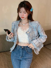 Lunivop  Zoki Chic Tassel Slim Tweed Jacket Women Casual Sweet Long Sleeve Short Coat Korean Fashion O Neck Elegant Design Plaid Tops New