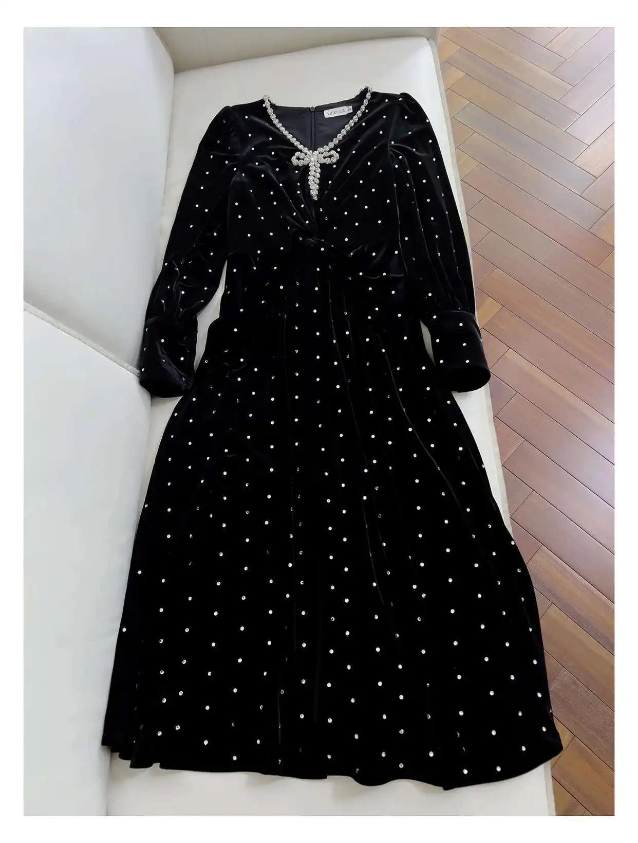 Lunivop French Velvet Diamonds Spliced Black Maxi Dresses For Women V-Neck Lantern Long Sleeve Evening Dress 2025 New Autumn