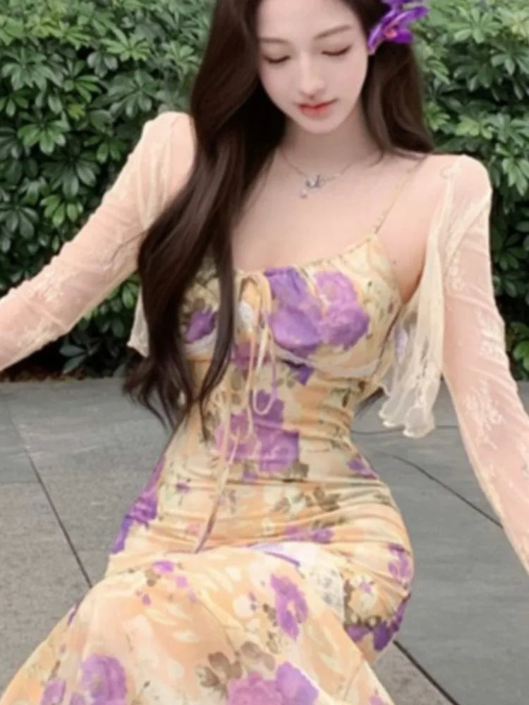 Lunivop Summer Female Two-Piece Dress Set Sweet Fishtail Strap Dress V-neck Sleeveless Woman Floral Through Lace Cardigans New