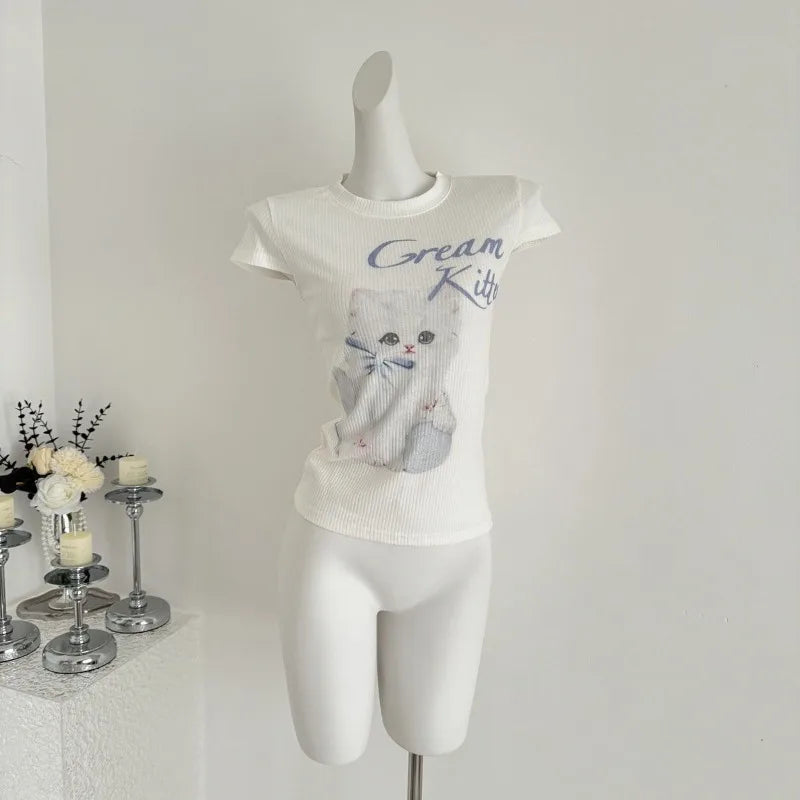 Lunivop  Sweet T Shirts Women Cartoon Cat Printed Short Sleeve Summer Fashion Sexy Stretch Slim Y2k Tops Female Casual Tshirt
