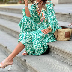 Lunivop   Retro Floral Print Holiday Beach Dress Summer V-Neck Green Bohemian Long Women Puff Sleeve Belted A-Line Maxi Sundress