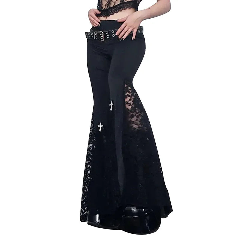 Lunivop Goth Mall Flare Pants Sexy Black Lace Patchwork High Waist Vintage Harajuku Hippie Punk Grunge Streetwear  Y2k Pants