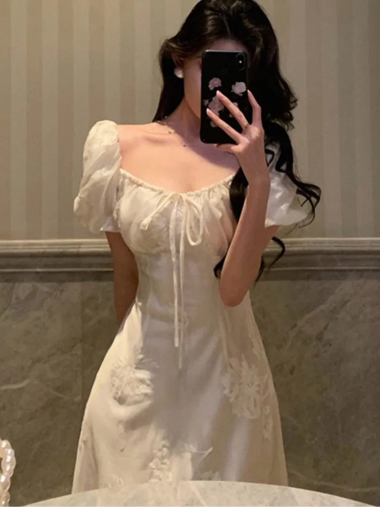 Lunivop  Puff Sleeve Evening Party Dress for Women Summer New Elegant Chinese Style Square Collar Lace-up A-line Long Vestidos Mujer