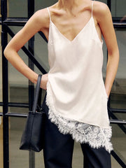 Lunivop  V-Neck Lace Trim Satin Cami Top Asymmetric Hem Floral Lace Trim Camisole Summer Chic Elegant Women Feminine Outfit
