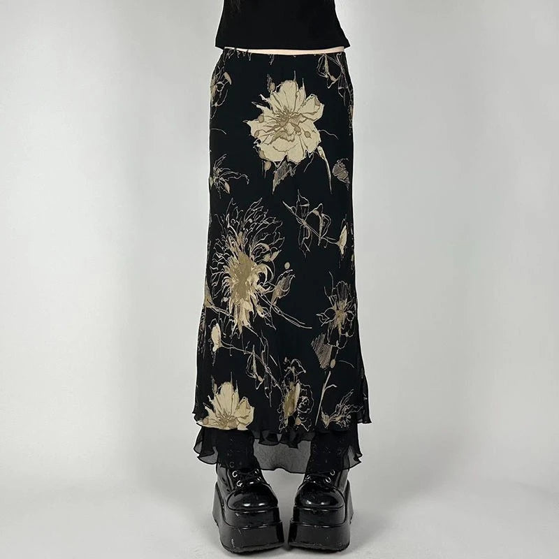 Lunivop Gothic Vintage Skirt Women Florals Print Y2k Mesh Long Skirt Elegant Fashion A-line Layered Skirts Streetwear Aestheics
