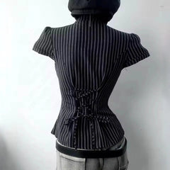 Lunivop  Women's Blouse Polo Neck Short Sleeve Striped Single Breasted Regular Length Tops For Women Female Clothing Woman Clothes