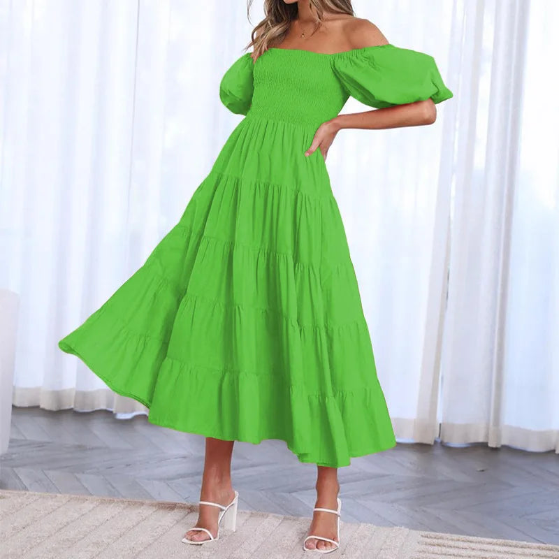 Lunivop   Women Off Shoulder Solid Color Long Dress Summer Short Puff Sleeve Slash Neck A-Line High Waist Mid-Calf Sundress