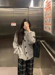 Lunivop Slouchy Knit Cardigan for Women Rib-knit Pockets Front High Neck Button Up Sweater Jacket Coat Female Autumn Winter Basic Outfit