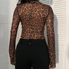 Lunivop  y2k Sexy Mesh Crop Top Vintage 2000s Leopard Print Ruffles Patchwork Bandage Cardigan T-shirts Women Transparent Club Tee