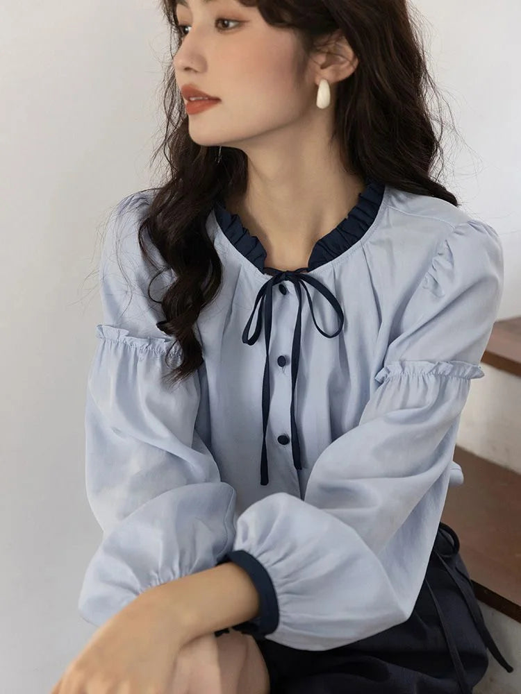 Lunivop Sweet Retro Blue Blouse Women Elegant Long Sleeve Japan Shirt Fall Loose Preppy Style Ruffles Lace Up Vintage Lady Tops New
