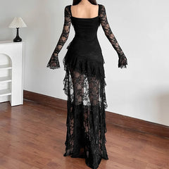 Lunivop  Goth Dark Fairycore Lace Flare Sleeve Square Neck A-line Dress Sweet E-girl Irregular Long Hem Dresses Cyber Y2K Party Vestido