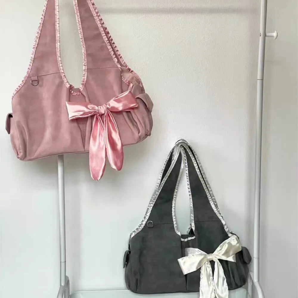 Lunivop Harajuku Large Capacity Tote Bag Women Fairycore Aesthetic Bow Chic Grey Handbag Female Vintage Cute Shoulder Bags New