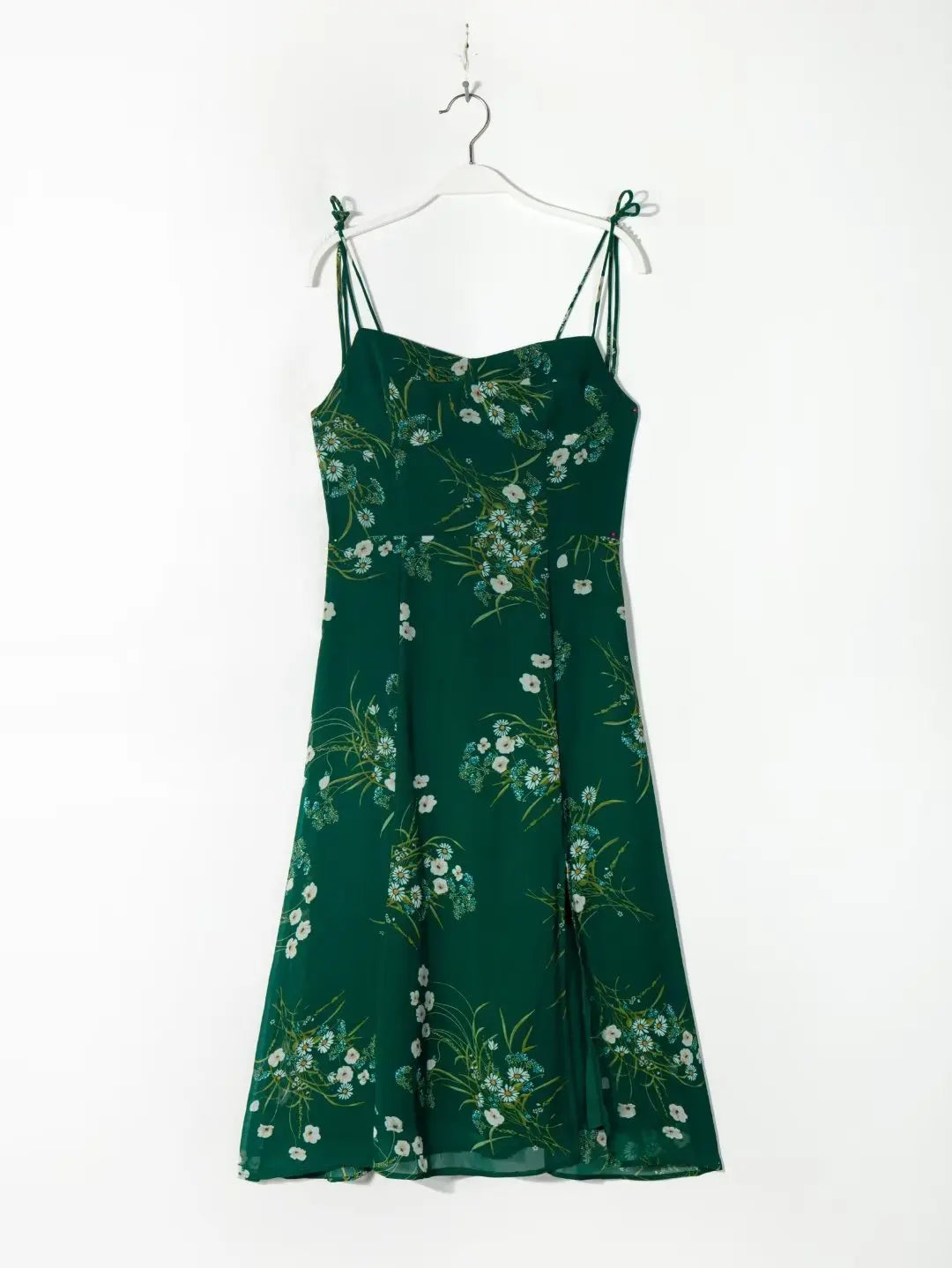 Lunivop  Women Lacing up Sling Chiffon Robe Party Retro French Style Green Flower Print Bandage Spaghetti Strap Hem Slit Midi Dress