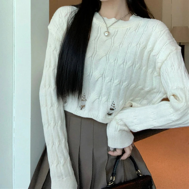 Lunivop Distressed Sweater for Women Teen-girl Cable Knit Crew Neck Crop Sweater Pullover Plain Jumper Y2K Grunge Outfit