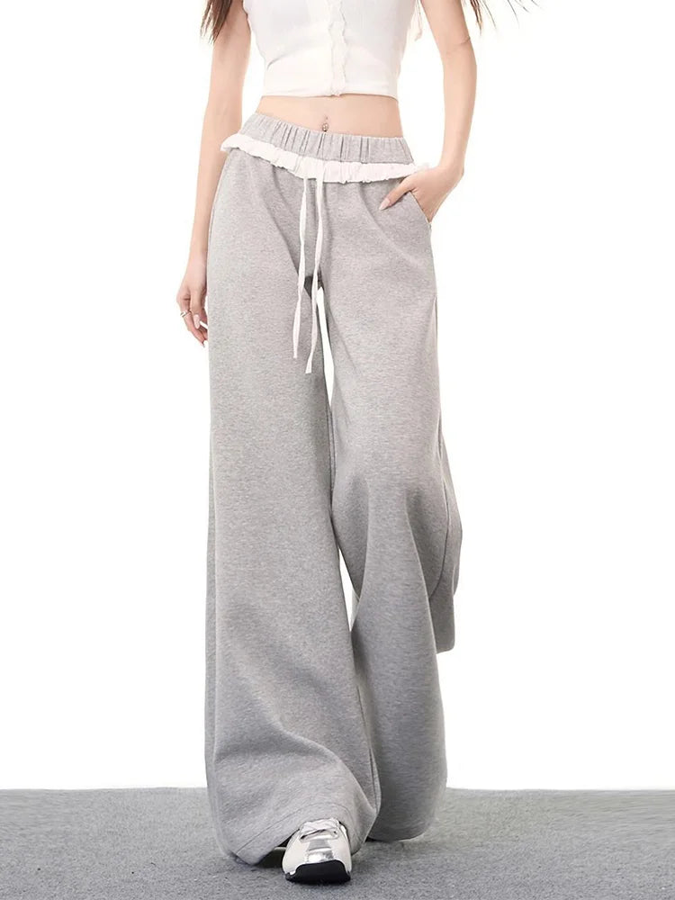 Lunivop Elegant Vintage Gray Sweatpants Women High Waist Korean Sweet Wide Leg Pant Fall Retro Loose Ruffles Pockets Lady Trousers