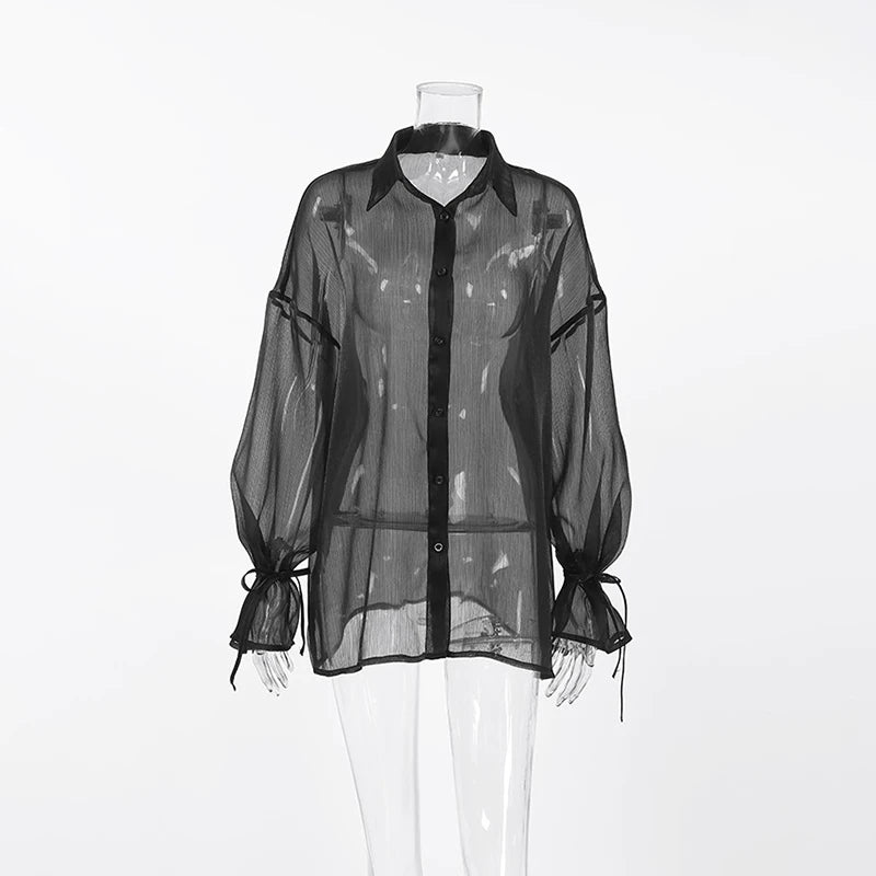 Lunivop  BKLD Sexy Perspective Shirts Summer Single-breasted Turn Down Collar Long Puff Sleeved Solid Color Fashion Commuting Blouse