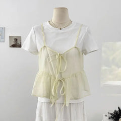 Lunivop  Korea Chic Bow Lace Up Layering Ropa Mujer Ruffles Two Wear All-match Shirts Short Slim Exquisite Literary Simple Blusas