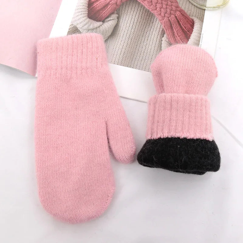 Lunivop Women Winter Keep Warm Plus Cashmere Solid Color Woolen Elasticity Soft Full Fingers Mittens Girls Black Fur Knitted Cute Gloves