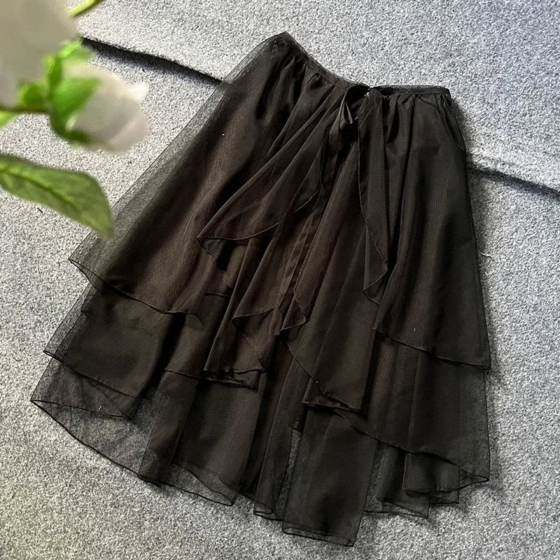 Lunivop  Sweet Lolita Asymmetrical Sheer Mesh Cover Up Curtain OP JSK Skirt Women Japanese Kawaii Elegant Double Layered Party Skirts