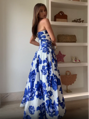 Lunivop  Women Fashion Strapless Pleated Print Maxi Dress Elegant Puff Hem High Waist Long Dresses Summer New Sexy Evening Party Robes