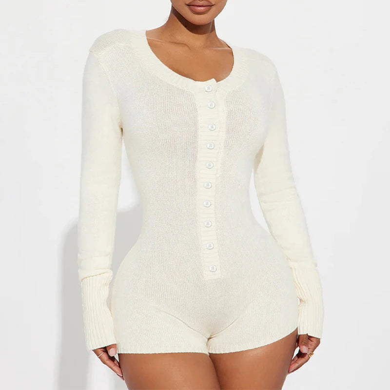 Lunivop  BKLD Casual Sexy Knit Button up Long Sleeve Solid Color High Waisted Slim Fit Women Playsuit Basic Style Fashion Jumpsuit Shorts
