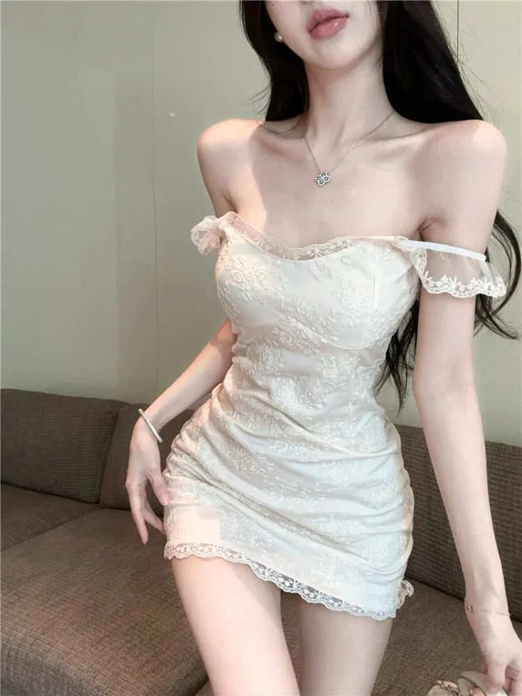 Lunivop  Women Dress Sleeveless Lace Patchwork Slash Neck Slim Elegant French Style Chic Party Mini Dresses Female Fashion